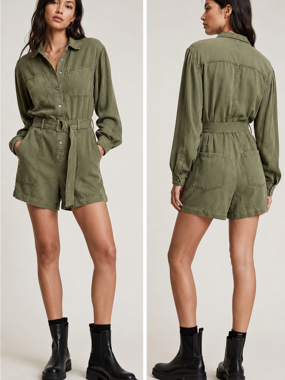 ALLSAINTS Jess Utility Playsuit Romper Olive Green Long Sleeve Belted